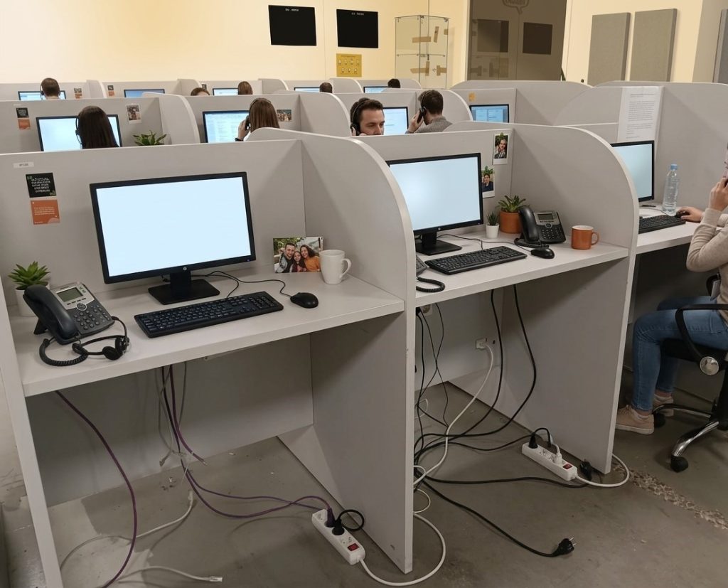 Puesto de call center equipado con teléfono y auriculares